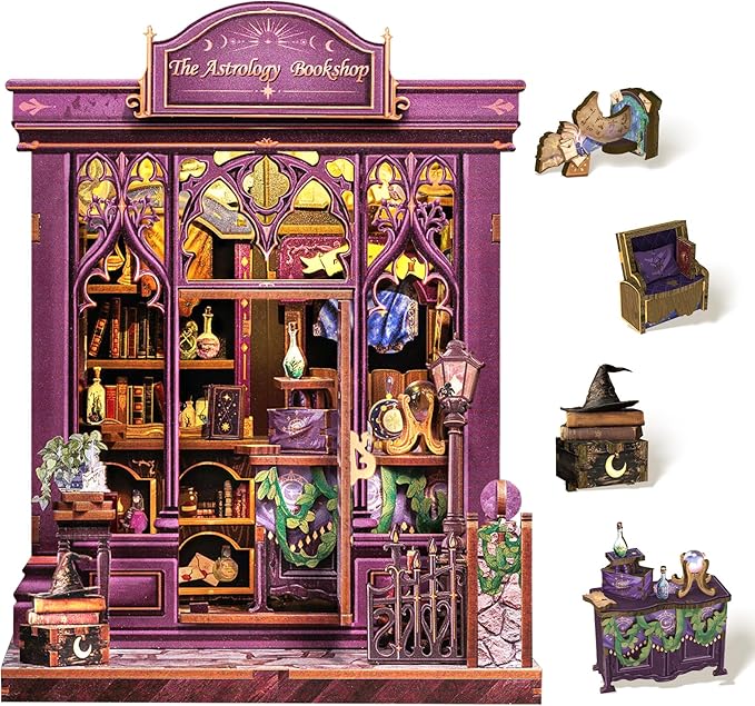 Cutefun Book Nook Kit - DIY Miniature Dollhouse Booknook Kit for Adults and Teens, Tiny House Bookshelf Insert Decor with LED Light, Gifts for Family and Friends (The Astrology Bookshop)