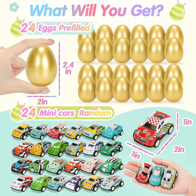 SevenQ Toy Cars Easter Basket Stuffers 24 Pcs, Prefilled Easter Egg Fillers Race Car Party Favors for Kids Birthday Goodie Bag Treasure Box Toys for Classroom Treat Prizes Pinata Egg Hunt Supplies
