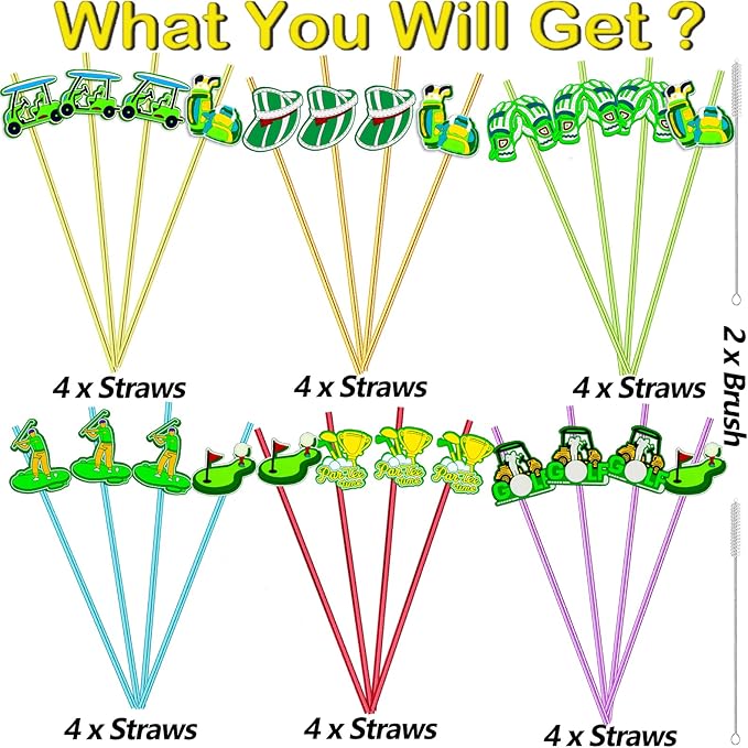 MEAXUR 24pcs Golf Themed Straight Reusable Straws for Golf Party Favor Gift Bags,Daily Drinking Straws,Birthday Party,Class Reunions,Sports Golf Party Supplies,With 2 Cleaning Brushes.(6color)