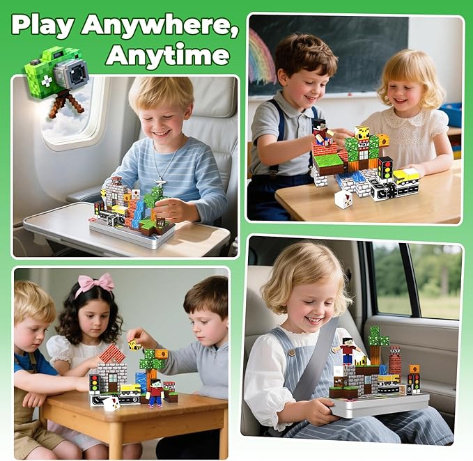 45 Pcs Travel Magnetic Blocks with 1 Pcs Magnetic Figures -Mini Magnetic Building Blocks for Kids Ages 4-8, Magnet Cubes Stacking Toys with Portable Metal Box, Birthday Gift for 3+ Year Old Boys Girls