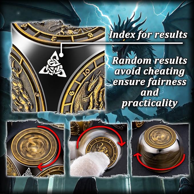 7 in 1 Unique Spinner DND Dice Set D&D, Metal Cube D and D Dice with Gift Box, Dungeons Dragons Role Playing Dice, Black Gold