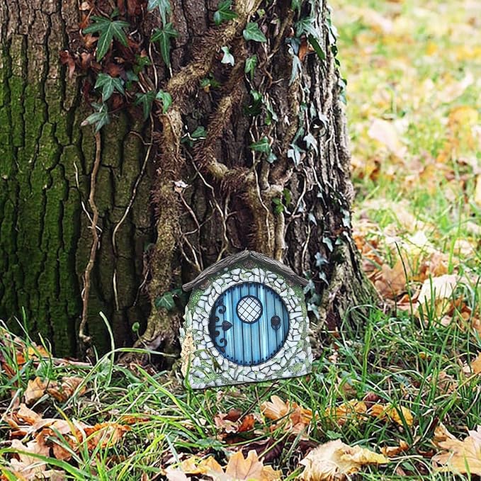 Wooden Fairy Garden Door – Miniature Tree & Yard Decoration, Outdoor Enchanted Gnome Door Ornament, Dollhouse Accessories & Whimsical Gift for Garden & Home Decor.（Blue）
