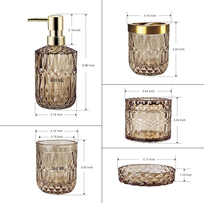 LaMarriti Brown Bathroom Accessories Set, 5Pcs Clear Glass Bathroom Accessories, Lotion Soap Dispenser, Toothbrush Holder Set, Soap Dish, Qtip Holder, Tumbler for Vintage Bathroom Decor, Gift Set