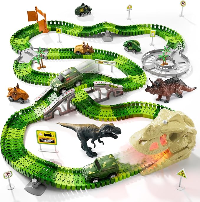 iHaHa 249 PCS Dinosaur Toys Race Car Track, Toys for Kids Toddler Boys Ages 2-4 3-5 4-6, Kids Race Tracks with Light, Sound & Spray, Birthday Dinosaur Gifts for 2 3 4 5 Year Old Boys