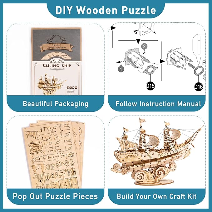 RoWood 3D Wooden Puzzle for Adults, Vintage Wooden Watercraft Model Sailboat Kit to Build, Best Gift Ideas Crafts Kit for Adults - Sailling Ship