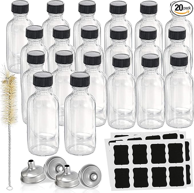 Hadatido 20pack 4oz Glass Bottles With Caps,Wellness Shot Jar Sample Bottles for Bourbon Whiskey,liquor,Potion,Oils,Vanilla Extract,Tincture,Hot Sauce,Syrup,Juice,with Funnels,Labels,Brush,No Leakag