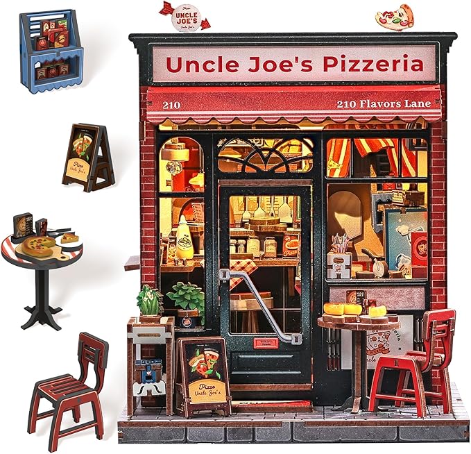 CUTEBEE Book Nook Kit - DIY Miniature House Dollhouse Kit for Adults and Teens, Booknook Tiny House Bookshelf 3D Wooden Puzzle, Gifts for Family (Uncle Joe's Pizzeria)