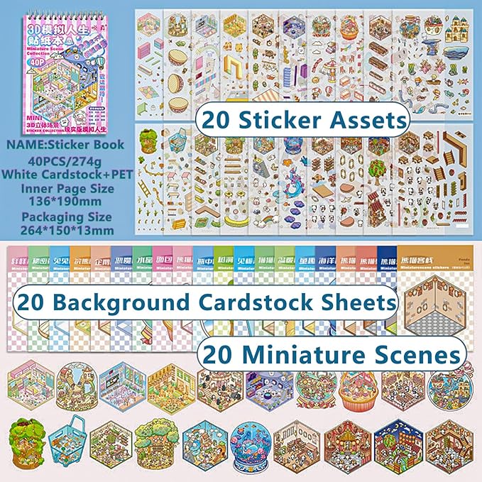 DIY 3D Sticker Scene - 20 Sets(1500 PCS Fun DIY Reusable Sticker Book, Create Your Own Scenes, Cute Stickers & Waterproof, Ideal Relieve Stress Anywhere, Crafts Party Favors
