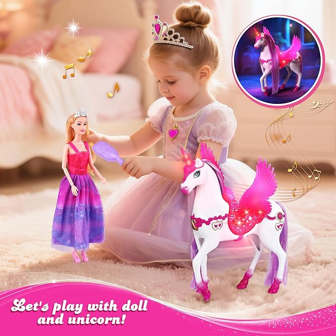 Baljinder Magic Unicorn & Princess Doll, Light-Up Unicorn Toys for Girls 3-6, Christmas Birthday Gifts for Kids Girls Aged 3 4 5 6 7 8