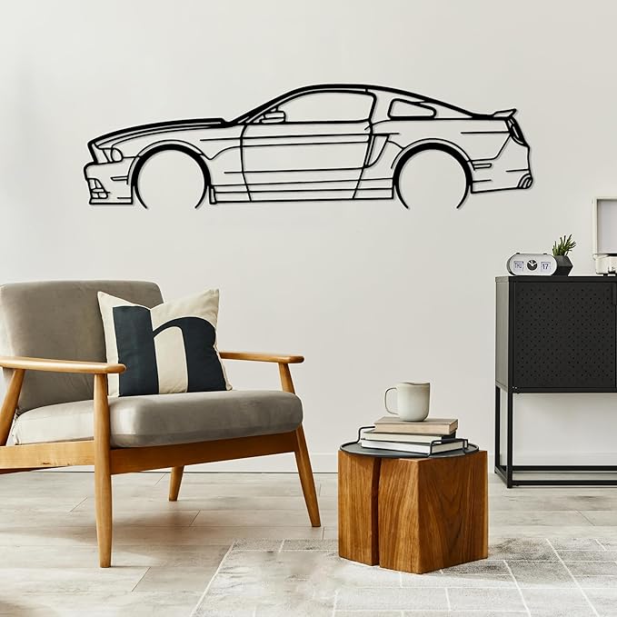 DecoSoul Mustang Metal Car Wall Art, Sports Car, Automotive Silhouette Line Decoration, Minimalist Sculpture for Garage, Indoor Outdoor Wall Hanging, Gift for Boyfriend (Black - 20 x 5.5” inch)