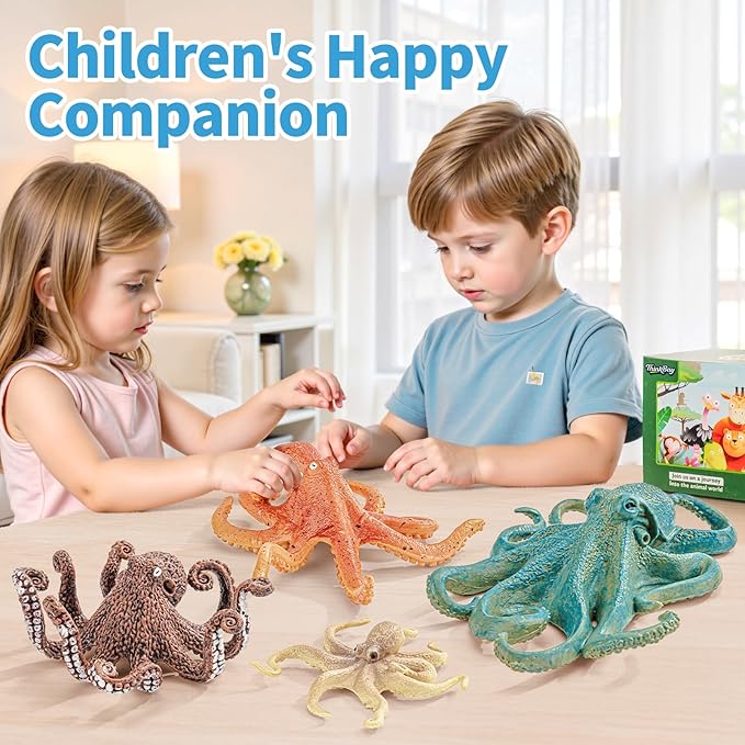 4PCS Octopus Figurines Sea Animal Toys,Plastic Ocean Animals Toys Figures, Realistic Soft Sea Creatures Toys for Kids Boys Girls - Birthday Gifts for Kids Cake Toppers Decoration