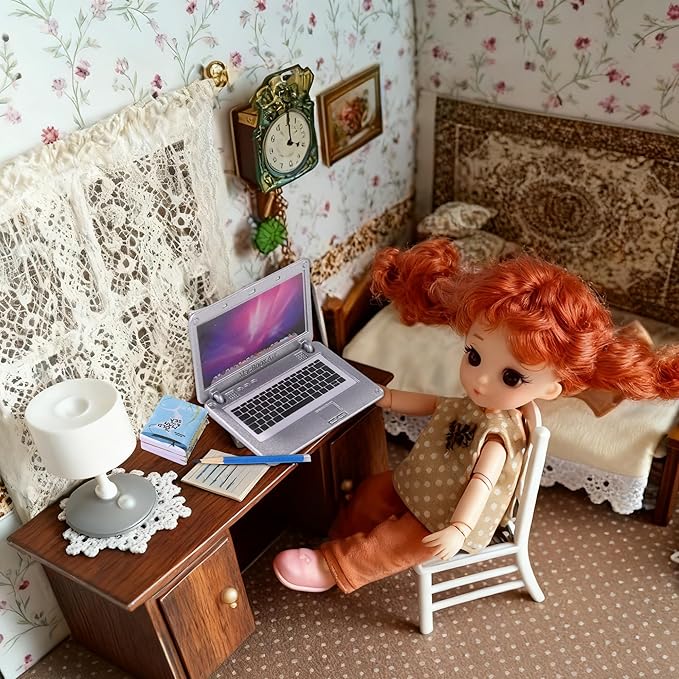 DIYDEC 17pcs Dollhouse Laptop Accessories 1:12 Scale Miniature Laptop Computer Tablet Phone Book Coffee Headset Pen Tiny Stuff Doll House Miniatures Play Figurines Accessories