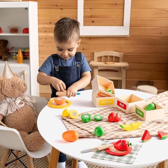 ROBOTIME Play Food Toys for Kids, Pretend Wooden Toy Food with Cutting Fruit Toys, Knife, Plate, Napkin and Fruit Sorting Storage Box, Play Kitchen Accessories, Color & Fruit Recognition for Kids 3+