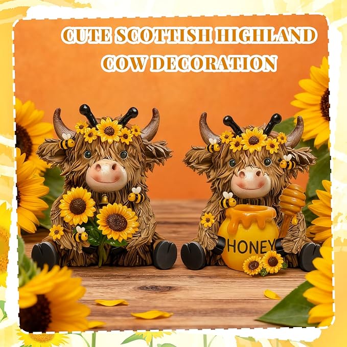 Burbell 2 Pack Bee Highland Cow Resin Figurine Summer Bee Bathroom Highland Cow Gnomes with Sunflower Starfish Resin Statue for Garden Table Shelf Home Decor Calf Gnome Herd Gifts