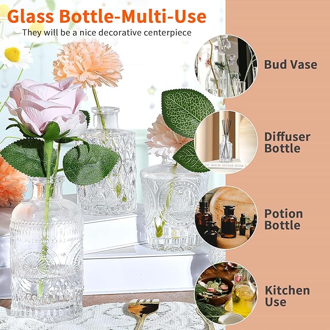 Clear Glass Bottles with Lids Bud Vases in Bulk Set of 12 Mini Flower Vase for Table Decor Small Bottle for Potion,Juice, Oils, Vinegar,Whiskey,Wine, with 2 Cleaning Brush,Dishwasher Safety