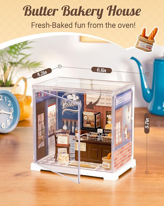 Rolife Super Creator Mini Store Playset DIY Miniature Kit with Dust Cover - House Toy Building Set Display Mini Collectibles Role Play Doll Figurines (Butter Bakery House)