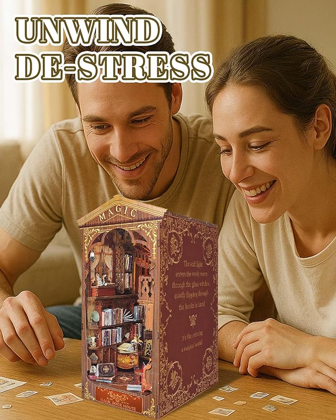 Kisoy Book Nook Kit, 3D Wooden Puzzle Booknook Build Bookshelf Decor, DIY Miniature House Kit for Adults and Teens, Mini House Arts & Craft Gifts for Family and Friends (Magic Book House)