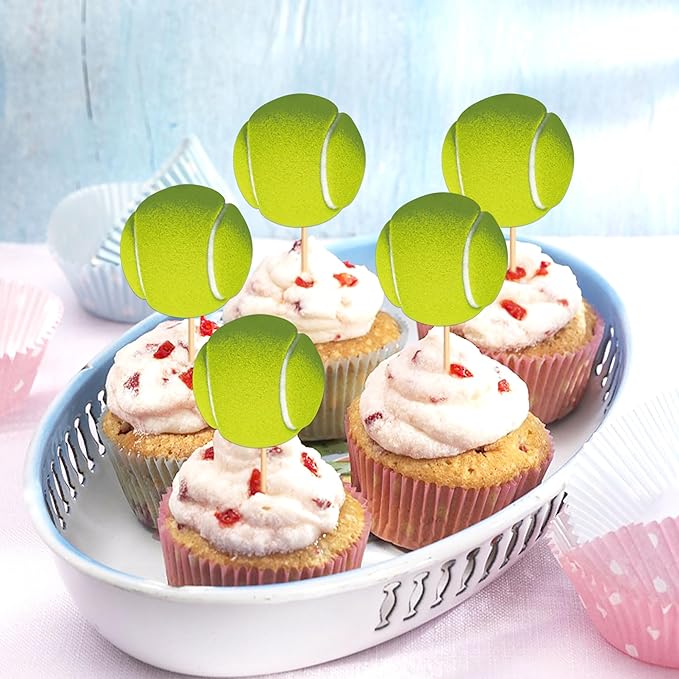 Ercadio 24 Pack Double Sided Tennis Cupcake Toppers Sports Ball Cupcake Picks Tennis Theme Birthday Cake Decorations for Baby Shower Kids Birthday Party Cake Decorations Supplies