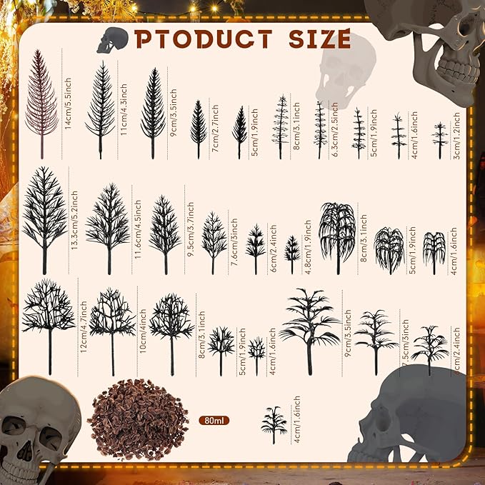 Canlierr 28 Pcs Miniature Model Dead Tree for Diorama Mini Tiny Fake Plastic Late Fall Trees with 40g Faux Leaves for Villages, Craft, Model Train Late Autumn Scenery Accessories