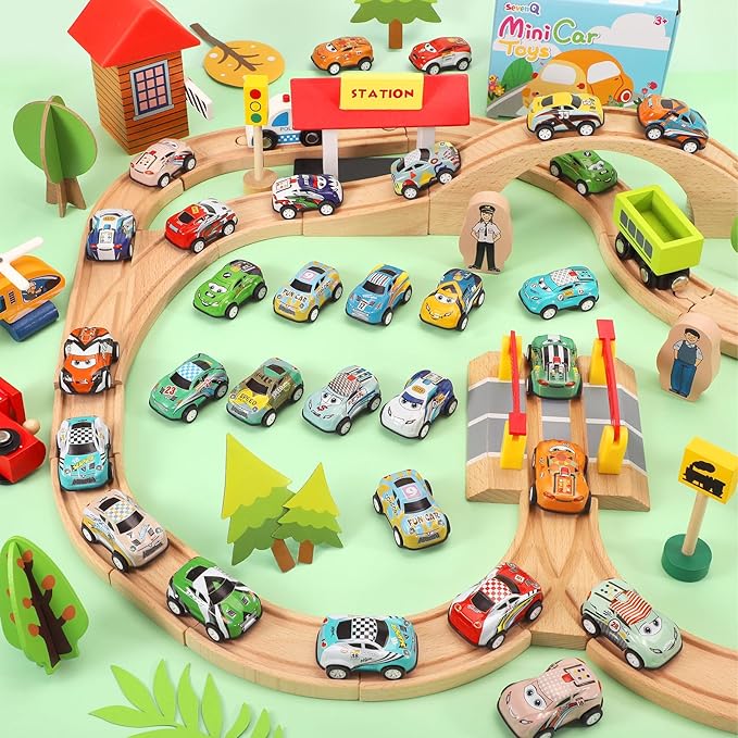 SevenQ Toy Cars for Kids Ages 4-8, 30Pcs Pull Back Cars Playset with Storage Bags, Race Car Party Favors for Toddler Boys Girls Treasure Box Prizes Rewards Mini Toys