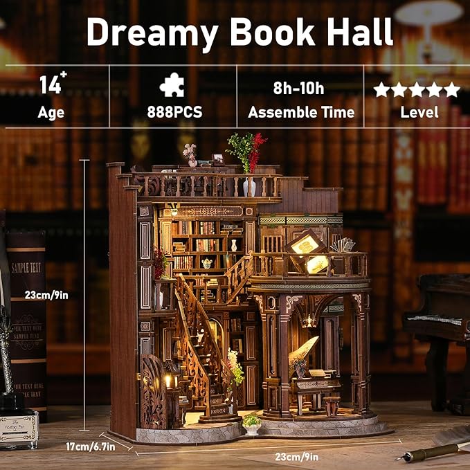 DIY Miniature House Kit, Book Nook Kit, 3D Wooden Puzzles Bookshelf Craft Kits, Dollhouse Kit with LED Light, Mini Building Kit for Adults Teen to Build (Dreamy Book Hall)