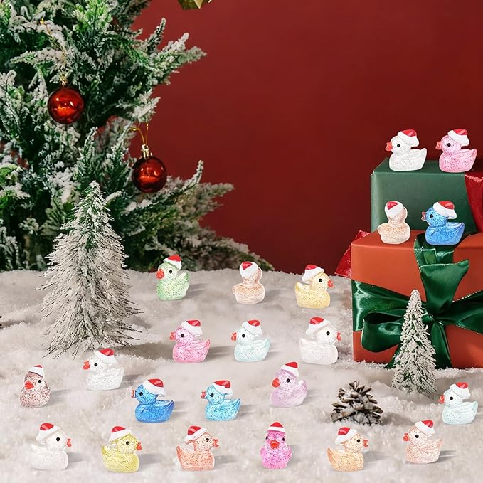 160 Pcs Mini Christmas Glitter Ducks Glow in The Dark Luminous Tiny Resin Ducks Small Duck Figurines for Xmas Tree, Dollhouse Micro Garden Landscape Aquarium Decoration Crafts
