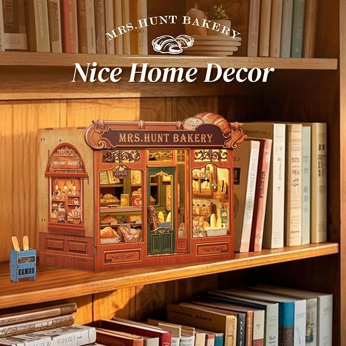 Cutefun Book Nook Kit - DIY Miniature Bread Shop Booknook Kits for Adults and Teens, 3D Wooden Puzzle Bookend Bookshelf with LED Light, Gifts for Family and Friends (Mrs.Hunt Bakery)