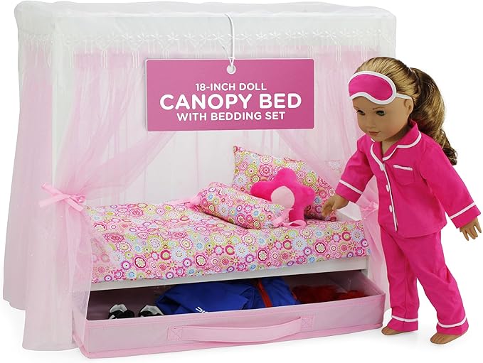 Emily Rose 18" Doll Princess Canopy Bed - White Wood with Pink Tulle Curtains, 5-PC Bedding Set & Storage Drawer - Fits American Girl Dolls - Royal Bedroom Furniture