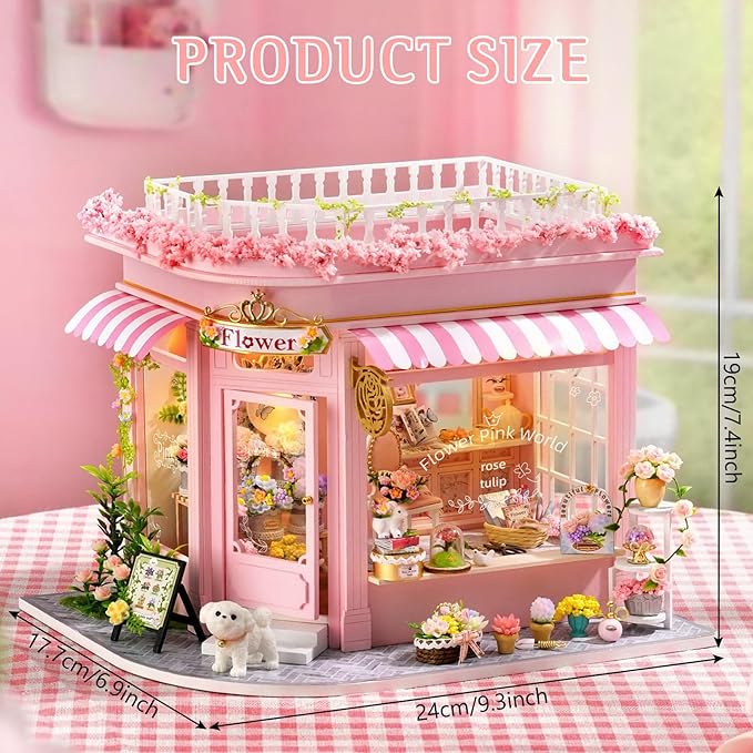 DIY Miniature House Kit, Dollhouse Kit with LED Light, Mini House Building Kits for for Adult to Building, Christmas Home Decorations Gifts for Family and Friends, Pink World