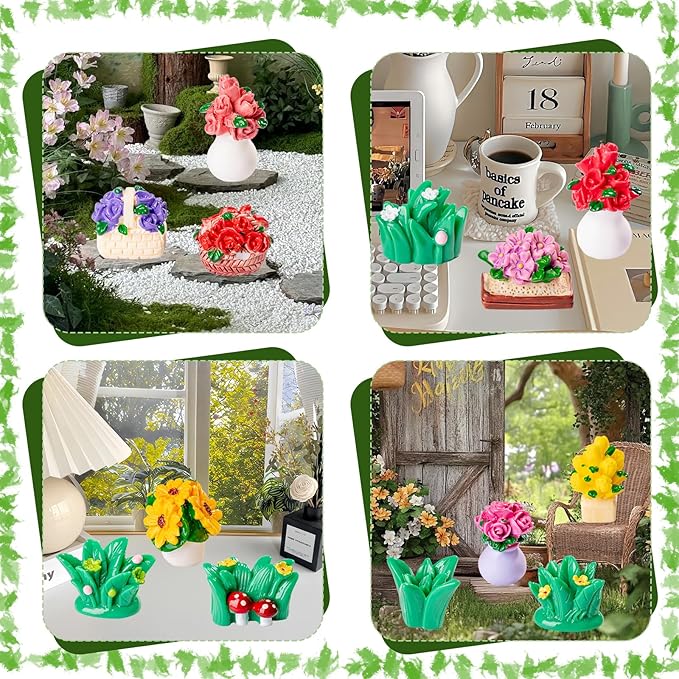 42Pcs Miniature Dollhouse Plants Set,Artificial Resin Flowers & Grass Clumps,DIY Micro Garden Decor for Fairy Gardens,Terrariums,Mini Landscape