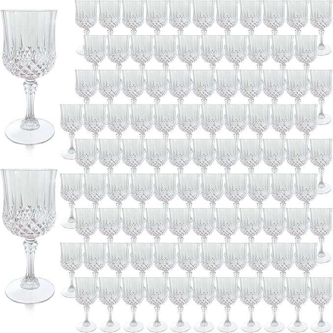 LEYIQU Plastic Wine Glasses, Plastic Goblets Vintage Style Cordial Drinking Glasses for Valentine’s Day, Wedding Reception, Grand Event Party Supplies (100, Transparent)
