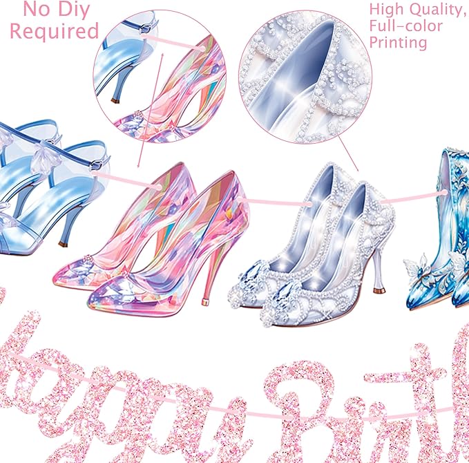 High Heel Happy Birthday Banners 3PCS Crystal High Heels Party Decorations Glass Shoes Banners Girls Princess Birthday Decor for Lady Bridal Shower Wedding Party Supplies