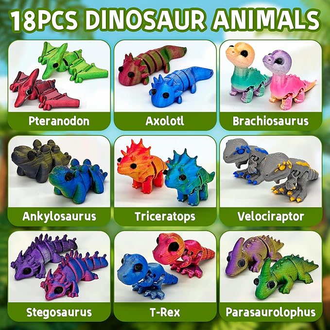 18 pcs 3D Printed Dinosaur Animals Set with Egg, Animals 3D Printed Toys Cute Articulated Flexible Figurines Fidget Toys for Party Favors Birthday Gifts Desk Pets Christmas Decor