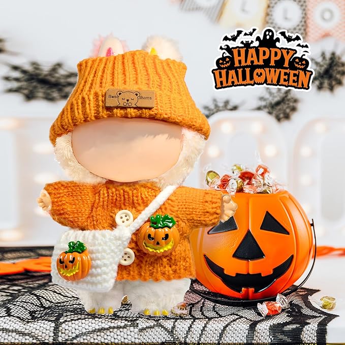 Clothes for LABUBU Doll (NO Doll), 3-Piece Handcrafted Crochet Accessories for LABUBU 17cm Dolls, Premium Fashion Outfit for LABUBU Dress Up - Pumpkin Sweater + Hat + Bag
