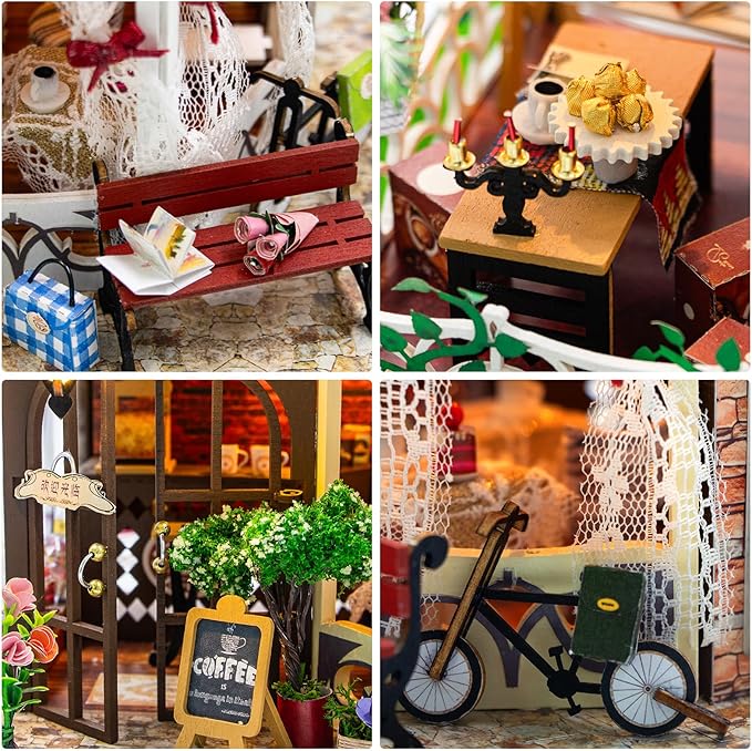 DIY Miniature House Kit, Dollhouse Kit with LED Light, Mini House Building Kits for for Adult to Building, Christmas Home Decorations Gifts for Family and Friends, Coffee Bar