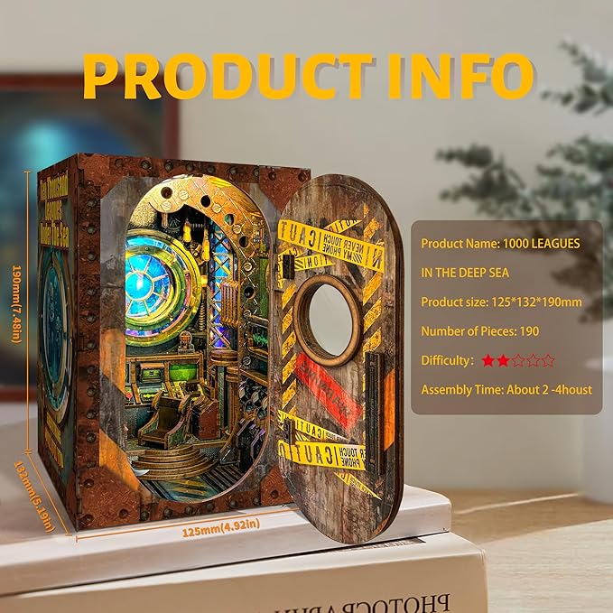 DIY Book Nook Kit - 3D Wooden Puzzle Miniature Dollhouse with LED Light Set Dust Cover,Miniature House Kit for Bookshelf Insert Decor Crafts for Adults Teen Gift-10000 Leagues Under The Sea（SQ-39）
