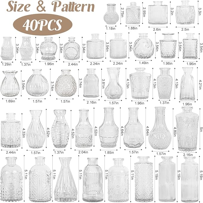 40Pcs Glass Bud Vase Set,Small Flower Vase for Tables Centerpieces Decor, Mini Vintage Clear Vase for Home,Wedding,Party Decorations
