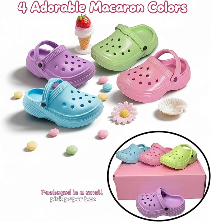 HXIELEC 4 Pairs Classic Clogs for 18" Dolls - Macaron Color EVA Slip-On Shoes,Fits Most 18" Dolls,Dress Up Gift Set