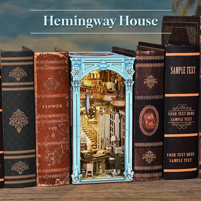 MiniCity Book Nook Kit, DIY Miniature Dollhouse Booknook Kit, 3D Wooden Puzzle Bookend Bookshelf Insert Decor with LED Light for Teens and Adults(Hemingway House)