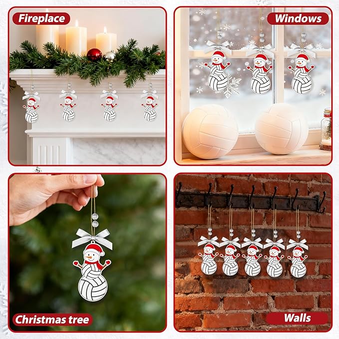 4.3 Inches Snowman Volleyball Christmas Ornament,Wooden Volleyball Snowman Tree Ornament Hanging Decoration for Rearview Mirror, Window, Eaves, Fireplace and Home Holiday Party Decor