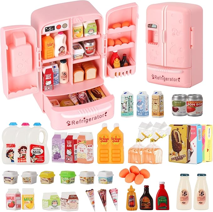 Mini Refrigerator Toy, Fill The Fridge with Ice Cream, Juice & 40+ Mini Food Toys for Dollhouse Accessories & Kitchen Playset. Realistic Refrigerator Play Gift for Kids.