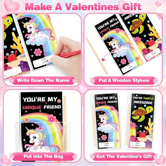 Shemira Valentines Day Gifts for Kids-24 Pack Scratch Art Crafts Notebook Kit with Valentines Cards for Kids, Valentines Day Cards for School Classroom Exchange, Valentines Party Favor Supplies