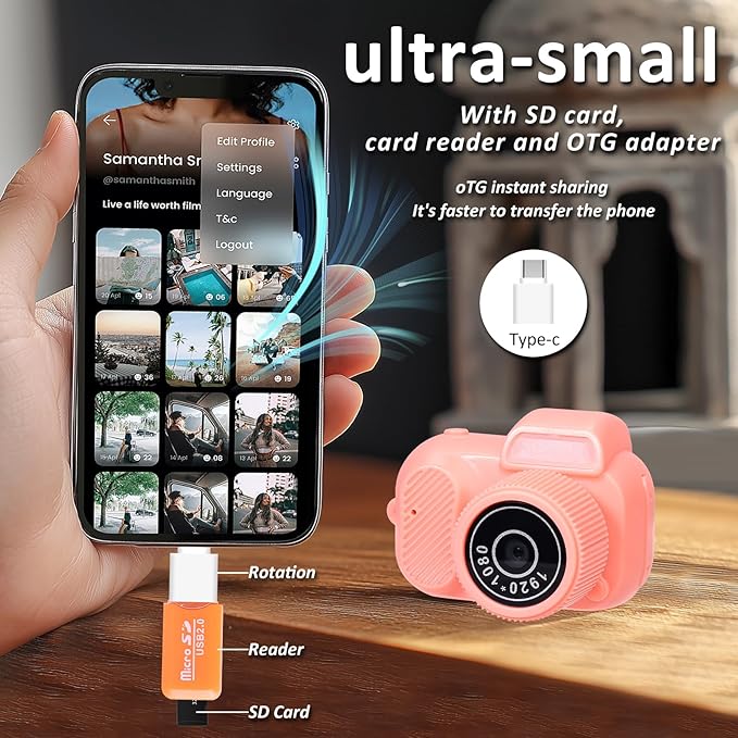 Mini Keychain Camera, FHD 1080p 8MP Mini Digital Camera with 32GB SD Card, 0.96" HD Display, 100 Mins Battery Life for Travel Recording Birthday Gifts (Retro, Pink)