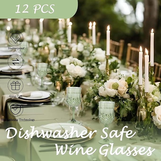 LEYIQU Plastic Wine Glasses, Plastic Goblets Vintage Style Cordial Drinking Glasses for Valentine’s Day, Wedding Reception, Grand Event Party Supplies (12, New Green)