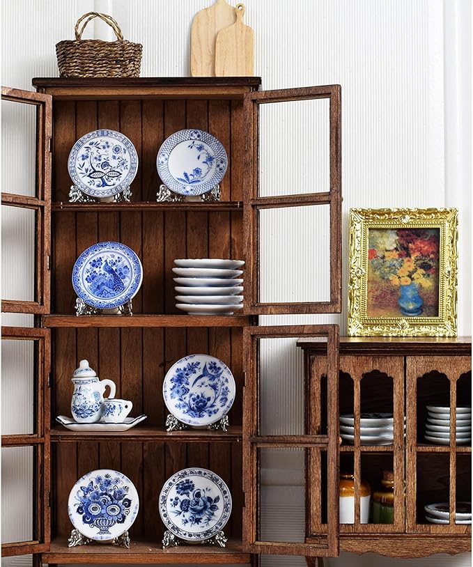 6PCS Handcrafted Miniature Ceramic Plates in 1:12 or 1:6 Scale, Vintage Porcelain Playhouse Dishes (Blue-White A, 3CM)