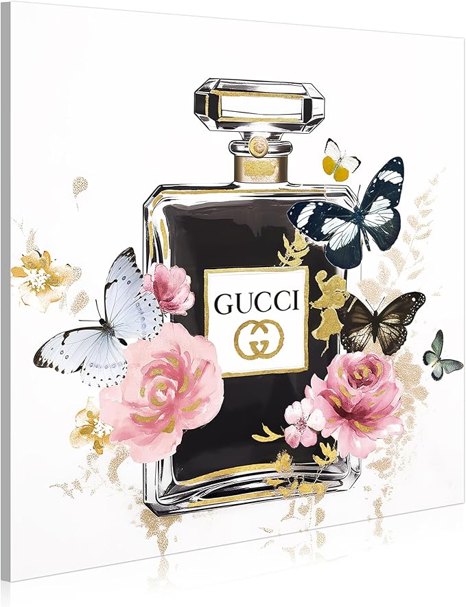 Dream Land Perfume Bottle Canvas Wall Art: Fashion Pink Flower Painting 20x20 Gold Foils Artwork for Women Bedroom