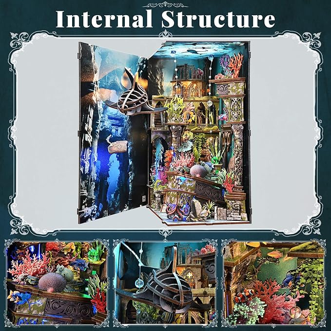 Book Nook Kit - DIY Miniature Dollhouse Kit for Adults and Teens, 3D Wooden Puzzle Bookend with LED Light, Creative Bookshelf Decor Gifts for Family and Friends (Lost City of Atlantis)