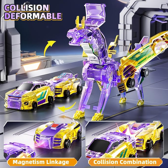 Collision Transforming Dinosaur Car Toy, 2 in 1 Magnet Cars Transform into Dinosaur Toys, Fun Robot Dinosaur Toy Cars Birthday Gift for Kids Boys Girls Age 4-6 6-12 Year Old