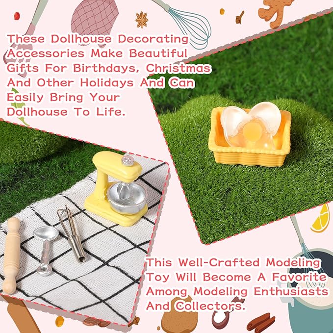 18PCS Dollhouse Miniature Kitchen Food Accessories Set, Mini Stuff for Dollhouse Decor with Stand Mixer, Kitchen Scale, Flour, Rolling Pin Accessories