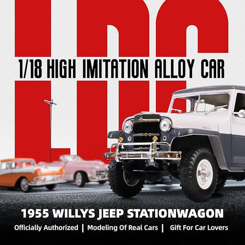 1955 Willys Jeep 1/18 Scale Die-Cast Metal Model Alloy Toy Cars with Display Case, with Opening Doors, for Kids Men and Teens Dad 14+ Year